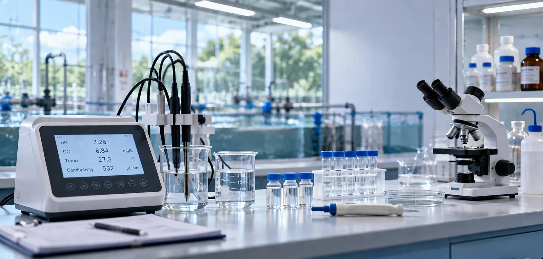 Meter benchtop multiparameter dan peralatan laboratorium di meja lab